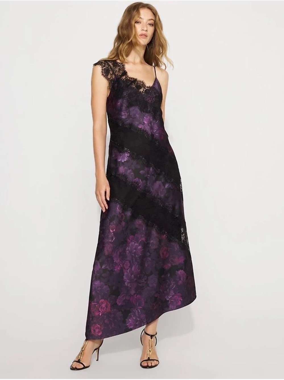 White House Black Market Satin Floral Lace Maxi Slip Dress Sz 4P